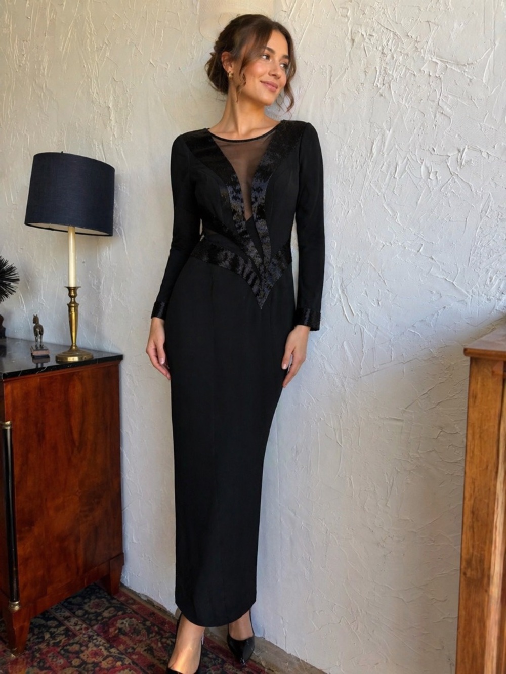 Elegant Black Long Sleeve Mesh Inset Evening Dress size xs